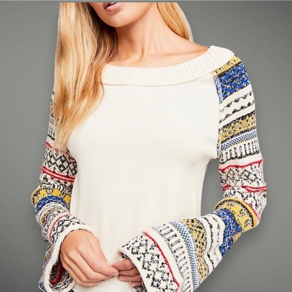 Free People Tops - Free People Fairground Thermal Folk Boho Cream Long Bell Statement Sleeve Top XS